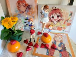 Rule 34 | 1girl, 2d dating, ahoge, black socks, blouse, blue coat, braid, candy, chibi, chocolate, chocolate heart, coat, collarbone, commentary, contrapposto, crown braid, dress, english commentary, figma, figure, flower, food, fruit, heart, highres, holding, holding candy, holding chocolate, holding food, kneehighs, looking at viewer, love live!, matching hair/eyes, medium hair, no legwear, official alternate costume, one eye closed, orange (fruit), orange eyes, orange flower, orange hair, photo (medium), photo (object), plaid, plaid shirt, plaid skirt, plant, post, potted plant, shirt, short sleeves, skirt, socks, takami chika, tareme, trading card, valentine, white dress, white shirt, white skirt