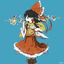 Rule 34 | 1girl, ascot, black eyes, black hair, blue background, boots, bow, brown footwear, bubble, blowing bubbles, bubble pipe, commentary request, feet out of frame, frilled bow, frilled skirt, frills, hair bow, hair tubes, hakurei reimu, hand up, highres, holding, long hair, long sleeves, looking to the side, neruzou, red bow, red skirt, red vest, scarf, sidelocks, signature, simple background, skirt, skirt set, soap bubbles, solo, standing, touhou, vest, white sleeves, wide sleeves, yellow ascot, yellow scarf
