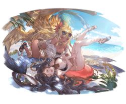 Rule 34 | 2girls, alpha transparency, beach, bikini, black bikini, black hair, black wings, blonde hair, blue sky, blush, breasts, cleavage, closed eyes, cloud, curly hair, dark-skinned female, dark skin, day, eyewear on head, fangs, feathered wings, flower, full body, granblue fantasy, hair flower, hair ornament, halluel (granblue fantasy), head wings, innertube, large breasts, long hair, lying, malluel (granblue fantasy), minaba hideo, multiple girls, ocean, official art, on back, open mouth, outdoors, palm tree, red flower, sandals, sky, smile, sunglasses, swim ring, swimsuit, tickling, tickling stomach, transparent background, tree, very long hair, wet, white bikini, wings