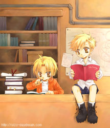 Rule 34 | 00s, 2boys, aged down, ahoge, alphonse elric, blonde hair, book, book stack, bookshelf, boots, brothers, brown eyes, child, dress shirt, edward elric, fullmetal alchemist, hexagram, industrial pipe, lowres, male focus, multiple boys, open book, pencil, reading, scroll, shelf, shirt, shorts, siblings, sitting, sizz, sizz (artist), smile, socks