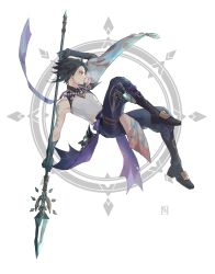 1boy, ahoge, arm tattoo, arm up, armpits, asymmetrical clothes, bead necklace, beads, black footwear, blue pants, boots, closed mouth, detached sleeves, eyeliner, facial mark, forehead mark, full body, genshin impact, gloves, green gloves, green hair, highres, holding, holding polearm, holding spear, holding weapon, jewelry, knee boots, makeup, male focus, mandarin collar, mask, mask removed, necklace, pants, pelvic curtain, pendant, polearm, profile, puffy pants, sash, shiraishi (siraisi00), short hair, single detached sleeve, sleeveless, solo, spear, tassel, tattoo, thigh strap, weapon, wide sleeves, xiao (genshin impact), yellow eyes