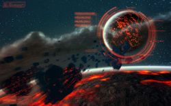 Rule 34 | asteroid, boulder, cloud, dust cloud, english text, flying, glowing, heads-up display, highres, landscape, lava, motion blur, no humans, outdoors, planet, realistic, rock, scenery, science fiction, sky, space, spacecraft, star (sky), star conflict, starry sky