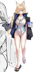 Rule 34 | 1girl, animal ear fluff, animal ears, aqua eyes, armband, black jacket, blonde hair, blue archive, blush, breasts, cleavage, clothes writing, full body, hair over one eye, highres, jacket, jacket on shoulders, kanna (blue archive), large breasts, long hair, one-piece swimsuit, sandals, sharp teeth, simple background, solo, standing, swimsuit, teeth, tsuno (tnngur), whistle, whistle around neck
