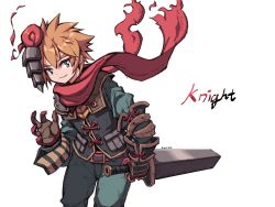 Rule 34 | 1boy, armor, bara (totocos), brown gloves, brown hair, english text, floating scarf, gloves, green eyes, hair between eyes, hatching (texture), highres, holding, holding sword, holding weapon, knight, male focus, multicolored clothes, multicolored gloves, original, parted lips, red gloves, red scarf, scarf, signature, simple background, smile, solo, sword, teeth, torn clothes, torn scarf, upper teeth only, vambraces, weapon, white background