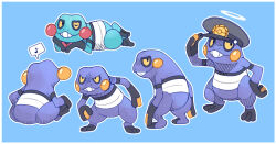 Rule 34 | alternate color, angry, blue skin, colored sclera, colored skin, creatures (company), croagunk, game freak, gen 4 pokemon, hand on own hip, hat, looking at viewer, lying, multiple views, musical note, nintendo, no humans, one eye closed, outline, peaked cap, pokemon, pokemon (creature), shiny and normal, shiny pokemon, sitting, spoken musical note, teeth, vergolophus, white outline, yellow sclera