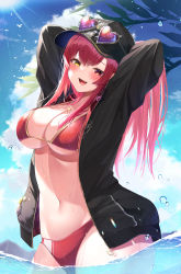 Rule 34 | 1girl, absurdres, arms behind head, baseball cap, bikini, bird, blue sky, breasts, cloud, day, eyewear on head, hat, highres, hololive, houshou marine, houshou marine (summer), jacket, large breasts, long hair, long sleeves, looking at viewer, official alternate costume, open clothes, open jacket, partially submerged, red bikini, sky, solo, swimsuit, tyabesu, virtual youtuber, water