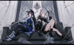 Rule 34 | 2girls, animal ears, arknights, arm up, black cape, black footwear, black gloves, black hair, black jacket, black pantyhose, black skirt, blue cape, blue gloves, blue necktie, blue shorts, blue vest, boots, cape, closed mouth, commentary request, couch, crossed legs, fingerless gloves, full body, gloves, grey eyes, grey hair, grin, highres, holding, holding sword, holding weapon, jacket, knee up, kumatangent, lappland (arknights), lappland (refined horrormare) (arknights), long hair, long sleeves, looking at viewer, material growth, multiple girls, necktie, official alternate costume, open clothes, open jacket, orange eyes, oripathy lesion (arknights), pantyhose, shorts, sitting, skirt, smile, sword, texas (arknights), texas the omertosa (arknights), torn clothes, torn pantyhose, two-sided cape, two-sided fabric, vest, weapon, white footwear, wolf ears, wolf girl