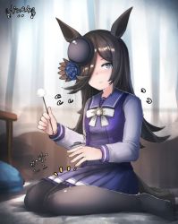 Rule 34 | 1girl, bed, black hair, black thighhighs, commentary request, commission, curtains, ear cleaning, hair over one eye, hat, kanikama25, lap pillow invitation, long hair, looking at viewer, mimikaki, pantyhose, purple eyes, rice shower (umamusume), school uniform, seiza, sitting, skeb commission, smile, solo, thighhighs, tracen school uniform, umamusume