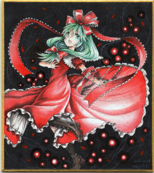 Rule 34 | 1girl, arm ribbon, boots, bow, crayon (medium), cross-laced footwear, danmaku, dated, dress, front ponytail, green eyes, green hair, hair bow, kagiyama hina, lace-up boots, looking at viewer, matching hair/eyes, mosho, open mouth, painting (medium), puffy short sleeves, puffy sleeves, red dress, ribbon, shikishi, short sleeves, signature, smile, solo, spinning, standing, standing on one leg, touhou, traditional media, watercolor (medium), watercolor pencil (medium)