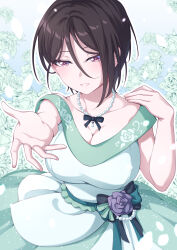Rule 34 | 1girl, bang dream!, bare arms, bare shoulders, black bow, black bowtie, black hair, blue background, blurry, blurry background, bow, bowtie, breasts, cleavage, collarbone, commentary request, cowboy shot, dress, dress flower, floral background, floral print, flower, gradient background, green bow, green dress, hair between eyes, hand on own shoulder, hands up, highres, jewelry, kitayu, large breasts, light particles, long bangs, looking at viewer, necklace, off-shoulder dress, off shoulder, open hand, outstretched arm, parted lips, pearl necklace, pink eyes, print dress, purple flower, purple rose, reaching, reaching towards viewer, rose, rose print, short hair, short sleeves, smile, solo, standing, two-tone dress, white dress, yashio rui