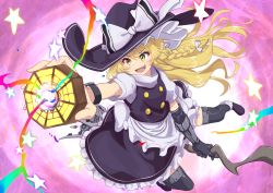 Rule 34 | 1girl, :d, adapted costume, aiming, apron, arm at side, bagua, black footwear, black gloves, black hat, black skirt, black thighhighs, black vest, blonde hair, bow, braid, broom, broom riding, buttons, commentary request, danmaku, elbow gloves, energy, floating hair, flying, frilled apron, frilled skirt, frills, gloves, hair ribbon, hat, hat bow, hat ribbon, highres, holding, holding broom, jet engine, kagazaki, kirisame marisa, leaning to the side, long hair, mini-hakkero, open mouth, outstretched arms, outstretched leg, over-kneehighs, partial commentary, pink background, puffy short sleeves, puffy sleeves, rainbow gradient, ribbon, shirt, short sleeves, side braid, sidelocks, single braid, skirt, skirt set, smile, smirk, smug, solo, star (symbol), thighhighs, touhou, trigram, turtleneck, v-shaped eyebrows, vest, waist apron, watch, white apron, white bow, white ribbon, white shirt, witch hat, wristband, wristwatch, yellow eyes, yin yang
