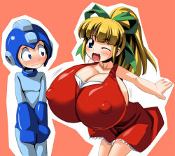 Rule 34 | 1boy, 1girl, blonde hair, blue eyes, blush, breasts, brother and sister, capcom, cleavage, covered erect nipples, dress, gigantic breasts, gloves, hair ribbon, helmet, kloah, long hair, md5 mismatch, mega man (character), mega man (classic), mega man (series), nipples, one eye closed, open mouth, oppai loli, ponytail, ribbon, robot, roll (mega man), siblings, skirt, smile, wink