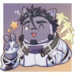 Rule 34 | 1boy, ahoge, animal ears, artist logo, black hair, cat boy, cat ears, chibi, commentary request, facial hair, fingerless gloves, furry, furry male, gloves, goatee, gradient background, live a hero, musou luf, one eye closed, shikigami, shirt, star (symbol), thick eyebrows, tsuneaki (live a hero), upper body, v, white shirt