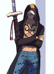 1boy abs black_coat black_hair blue_pants chest_tattoo closed_mouth coat commentary_request contrapposto cowboy_shot crossed_arms earrings facial_hair frown fur_hat goatee hat highres hood hood_up hooded_coat jewelry koma_heron long_sleeves looking_to_the_side male_focus one_piece open_clothes open_coat pants pectorals red_ribbon ribbon short_hair sideburns sideways_glance simple_background solo standing sword tassel tattoo trafalgar_law v-shaped_eyebrows weapon weapon_on_back white_background white_hat yellow_eyes