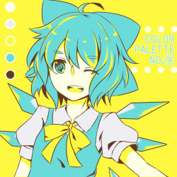 Rule 34 | bad id, bad pixiv id, blue eyes, blue hair, bow, circled 9, cirno, color guide, english text, hair bow, ice, ice wings, neck, one eye closed, open mouth, ribbon, senkaze, short hair, short sleeves, solo, touhou, wings, yellow background