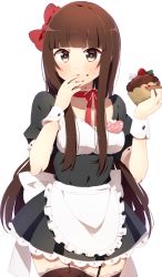 Rule 34 | 1girl, apron, blunt bangs, blush, breasts, brown eyes, brown hair, brown thighhighs, cleavage, covering own mouth, cowboy shot, cupcake, food, frilled ribbon, frilled skirt, frills, garter straps, hair ribbon, hand on own face, harusawa, highres, light frown, long hair, looking at viewer, maid, maid apron, nail polish, neck ribbon, original, red nails, red ribbon, ribbon, short sleeves, sidelocks, simple background, skirt, solo, thighhighs, very long hair, white background, wrist cuffs, zettai ryouiki