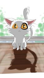 Rule 34 | backlighting, cat, colored sclera, commentary, daijin (suzume), foliage, green eyes, highres, indoors, kitten, looking at viewer, no humans, sankuro 001, shadow, slit pupils, solo, suzume no tojimari, white background, white cat, white fur, window, windowsill, yellow sclera