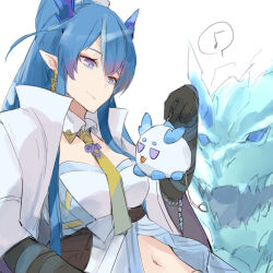 Rule 34 | 1girl, arknights, black gloves, blue hair, breasts, closed mouth, dragon bubble (arknights), dragon horns, e-bushi, eighth note, elbow gloves, gloves, hair between eyes, highres, holding, horns, jacket, ling (arknights), long hair, looking away, medium breasts, musical note, navel, necktie, open clothes, open jacket, purple eyes, simple background, smile, spoken musical note, very long hair, white background, white jacket, yellow necktie