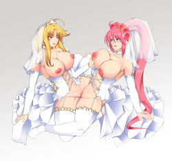 Rule 34 | 2girls, arm support, blonde hair, blue eyes, blush, grabbing another&#039;s breast, breasts, breasts out, clothed sex, collarbone, commission, couple, dress, eye contact, fate testarossa, flower, flower on head, grabbing, hair between eyes, hair ornament, hand on another&#039;s leg, large breasts, leaning back, lingerie, lipstick, long hair, looking at another, lyrical nanoha, mahou shoujo lyrical nanoha, mahou shoujo lyrical nanoha strikers, makeup, multiple girls, naughty face, navel, nipples, pink hair, red eyes, shiny skin, signum, smile, sweat, thighhighs, tribadism, uncensored, underwear, veil, wedding dress, wife and wife, yuri