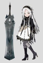 Rule 34 | 1girl, black footwear, black gloves, black hairband, black jacket, boots, closed mouth, commentary request, cropped jacket, dress, forehead, frilled hairband, frills, full body, gloves, gradient hair, greatsword, grey background, grey eyes, grey hair, grey pantyhose, hairband, high heel boots, high heels, highres, huge weapon, jacket, kayanogura, knee boots, lolita fashion, long hair, long sleeves, looking at viewer, multicolored hair, original, pantyhose, parted bangs, puffy long sleeves, puffy sleeves, simple background, solo, sword, very long hair, weapon, white dress, white hair