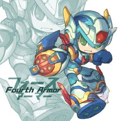 Rule 34 | 1boy, android, arm cannon, commentary, english commentary, english text, fourth armor x (mega man), green eyes, helmet, highres, iikoao, male focus, mega man (series), mega man x4, mega man x (series), mixed-language commentary, solo, weapon, x (mega man)