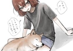 Rule 34 | 1girl, absurdres, blush, brown eyes, chinosuke (o j o p), commentary request, dog, highres, idolmaster, idolmaster cinderella girls, looking at viewer, murakami tomoe, on lap, open mouth, red hair, shiba inu, shirt, short hair, simple background, sketch, sleeping, sweatdrop, t-shirt, translation request, white background