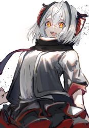 Rule 34 | 1girl, antennae, arknights, black jacket, black scarf, black skirt, commentary request, cowboy shot, crazy smile, fang, gawako, grey hair, grey shirt, highres, jacket, light particles, looking at viewer, open mouth, orange eyes, red skirt, scarf, shirt, short hair, short sleeves, simple background, skirt, smile, solo, two-sided fabric, two-sided skirt, w (arknights), white background