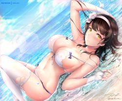 Rule 34 | 1girl, arm up, armpits, bare shoulders, beach, bikini, black hair, blue sky, breasts, cleavage, cloud, cloudy sky, day, dutch angle, flower, front-tie bikini top, front-tie top, girls&#039; frontline, hair flower, hair ornament, hairband, horizon, knees up, large breasts, lens flare, long hair, looking at viewer, lying, navel, ocean, official alternate costume, on back, outdoors, parted lips, rei kun, signature, sky, solo, stomach, strap pull, string bikini, sunlight, swimsuit, thighhighs, thighs, torn bikini, torn clothes, torn thighhighs, twitter username, type 95 (girls&#039; frontline), type 95 (summer cicada) (girls&#039; frontline), very long hair, water, wet, white bikini, white flower, white hairband, white thighhighs, yellow eyes
