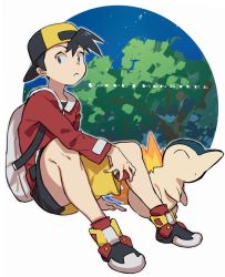 Rule 34 | 1boy, arm support, backpack, backwards hat, bag, baseball cap, black hair, black shirt, closed mouth, commentary request, copyright name, creatures (company), cyndaquil, ethan (pokemon), fire, frown, game freak, gen 2 pokemon, grey eyes, hat, holding, holding poke ball, jacket, long sleeves, looking to the side, male focus, nintendo, poke ball, poke ball (basic), pokemon, pokemon (creature), pokemon gsc, red footwear, red jacket, shirt, shoes, short hair, shorts, tetsu (teppei), white bag, yellow shorts
