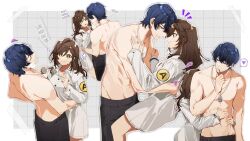 Rule 34 | 1boy, 1girl, absurdres, black eyes, black pants, blue hair, breasts, brown hair, closed mouth, collared shirt, dog tags, dress shirt, english text, highres, hug, jewelry, kradebii, large breasts, long hair, long sleeves, marius von hagen (tears of themis), muscular, muscular male, necklace, pants, rosa (tears of themis), shirt, smile, tears of themis, white shirt, yellow eyes