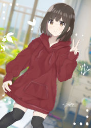 Rule 34 | 1girl, 7 calpis 7, black hair, black thighhighs, blurry, blurry background, blush, brown eyes, closed mouth, commentary request, day, depth of field, dutch angle, hand up, highres, hood, hoodie, indoors, long hoodie, long sleeves, original, red hoodie, sleeves past wrists, smile, solo, thighhighs, v