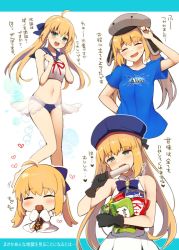 Rule 34 | 1girl, ahoge, artoria caster (fate), artoria caster (first ascension) (fate), artoria caster (second ascension) (fate), artoria caster (third ascension) (fate), artoria pendragon (fate), arts shirt, bikini, blonde hair, blouse, blue shirt, blush, breasts, closed eyes, dress, eating, fate/grand order, fate (series), food, green eyes, grey headwear, hat, kujiran, long hair, looking at viewer, multiple views, open mouth, sailor collar, shirt, small breasts, smile, swimsuit, thighs, translation request, twintails, white bikini, white dress