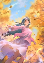 Rule 34 | 1girl, autumn leaves, bare legs, blue hair, blurry, breasts, brown eyes, chidori kaname, cloud, cloudy sky, cowboy shot, day, depth of field, dress, falling leaves, from below, full metal panic!, full metal panic? fumoffu, highres, leaf, long hair, long sleeves, lorein, low-tied long hair, lyrics, medium breasts, open mouth, outdoors, outstretched arms, parted bangs, shirt, sky, smile, solo, translated, tree