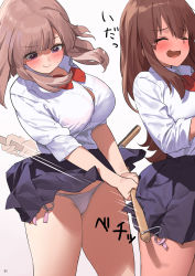 Rule 34 | 2girls, blue skirt, blush, bow, bowtie, breasts, brown hair, button gap, closed eyes, commentary request, gradient background, holding, kaisen chuui, large breasts, multiple girls, open mouth, original, panties, purple eyes, red bow, red bowtie, revision, shirt, skirt, smile, tears, thighs, translated, underwear, white background, white panties, white shirt