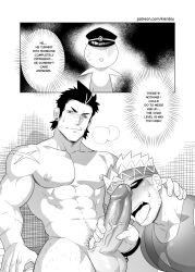 Rule 34 | 2boys, abs, bara, blush, bodysuit, closed mouth, completely nude, cuffs, erection, ero condo, extra, facial hair, greyscale, handcuffs, handjob, headband, highres, imminent fellatio, kienbiu, large pectorals, looking at another, male focus, male pubic hair, monochrome, multiple boys, muscular, muscular male, navel, nipples, nude, patreon username, pectorals, penis, pubic hair, punt (kienbiu), scar, scar on arm, short hair, sideburns, testicles, tongue, tongue out, yaoi
