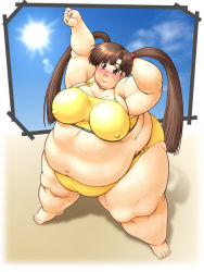 Rule 34 | 00s, 1girl, bikini, blush, breasts, brown eyes, brown hair, comic party, covered erect nipples, fat, female focus, harumi-knd, large breasts, solo, swimsuit, twintails