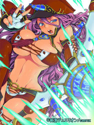 Rule 34 | 1girl, arrow (projectile), blue eyes, bow (weapon), braid, breasts, bursting breasts, cleavage, copyright name, eroe, fingerless gloves, gloves, junketsu duelion, large breasts, long hair, monica brandes, official art, pink hair, short hair, simple background, solo, thighhighs, twintails, weapon, white background