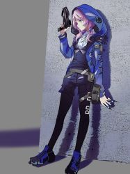 Rule 34 | 1girl, against wall, arknights, black pantyhose, blue eyes, blue footwear, blue jacket, blue poison (arknights), blue shirt, blue shorts, bow (weapon), buttons, crossbow, dart gun, grab pigeon, highres, holding, holding crossbow, holding syringe, holding weapon, hood, hood up, hooded jacket, jacket, pantyhose under shorts, low twintails, pantyhose, pink hair, profile, shirt, shoes, shorts, solo, syringe, twintails, weapon