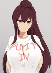 Rule 34 | 10s, 1girl, alternate costume, breasts, clothes writing, english text, fuck-me shirt, kantai collection, large breasts, long hair, looking at viewer, meme attire, naozuri, shirt, smile, solo, t-shirt, yamato (kancolle)