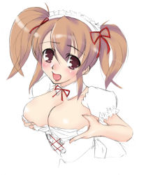 Rule 34 | 00s, 1girl, asahina mikuru, breast lift, breasts, breasts squeezed together, corset, female focus, large breasts, official alternate hairstyle, simple background, solo, suzumiya haruhi no yuuutsu, twintails, upper body, waitress, waku, white background