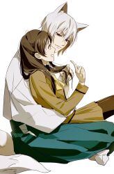 Rule 34 | 1boy, 1girl, animal ears, brown eyes, brown hair, commentary request, fingernails, fox boy, fox ears, fox tail, hand in another&#039;s hair, hetero, highres, japanese clothes, kamisama hajimemashita, kimono, korean commentary, long hair, looking at another, momozono nanami, nahna, purple eyes, sharp fingernails, short hair, simple background, sitting, sitting on lap, sitting on person, skirt, tail, tomoe (kamisama hajimemashita), white background, white hair