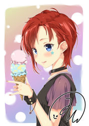 Rule 34 | 10s, 1girl, :&gt;, bad id, bad pixiv id, blue eyes, blush, bracelet, choker, food, from side, gradient background, highres, holding, ice cream, ice cream cone, idolmaster, idolmaster million live!, jewelry, julia (idolmaster), licking lips, nail polish, nishimi shin, punk, red hair, short hair, short sleeves, signature, skull, solo, standing, star (symbol), swept bangs, tongue, tongue out, vest, wrist cuffs