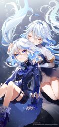 Rule 34 | 2girls, ahoge, blue eyes, blue hair, blue jacket, blue shorts, bow, closed eyes, commentary request, crying, crying with eyes open, feet out of frame, flat chest, footwear bow, furina (genshin impact), genshin impact, grey hair, hair between eyes, hair intakes, high heels, highres, ichiyume ichiyu, jacket, light blue hair, long hair, long sleeves, medium hair, mismatched pupils, multicolored hair, multiple girls, open mouth, parted lips, shorts, sleeve cuffs, tears, thigh strap, twitter username, underwater, very long hair, white hair