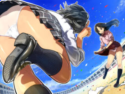 Rule 34 | 2girls, arena, ass, black hair, blue sky, bullfighting, clothes lift, confetti, day, dutch angle, foreshortening, from behind, leaning forward, long hair, multiple girls, original, outdoors, panties, pantyshot, playing, school uniform, shiny skin, shoes, short hair, skirt, skirt lift, sky, sleeves rolled up, twinpoo, underwear