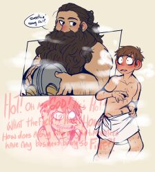 Rule 34 | 2boys, bara, beard, blush, chilchuck tims, cropped legs, drooling, dungeon meshi, dwarf, english text, facial hair, fake horns, full-face blush, fungusfangs, hairy, helmet, highres, holding, holding helmet, horned helmet, horns, interracial, long beard, male focus, multiple boys, mustache, panicking, red theme, senshi (dungeon meshi), sideways glance, sparse leg hair, speech bubble, steam, thick mustache, thought bubble, very long beard, yaoi