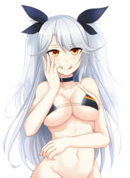 Rule 34 | 1girl, :q, azur lane, bikini, bikini top only, black bikini, bottomless, breasts, flag print, german flag bikini, halterneck, large breasts, long hair, looking at viewer, out-of-frame censoring, prinz eugen (azur lane), prinz eugen (unfading smile) (azur lane), shainingu ikura, silver hair, simple background, skindentation, smile, solo, swimsuit, tongue, tongue out, two side up, very long hair, white background