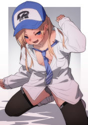 Rule 34 | 1girl, baseball cap, black necktie, black panties, black thighhighs, blonde hair, blue eyes, blue hat, blush, breasts, collared shirt, commentary request, fu-ta, full body, hand up, hat, highres, kneeling, long hair, long sleeves, multicolored background, necktie, open mouth, original, panties, shirt, small breasts, solo, thighhighs, underwear
