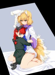 Rule 34 | 2girls, animal ears, barefoot, blonde hair, blush, bow, breasts, cat ears, cat tail, extra ears, fox ears, fox tail, hair bow, hat, hug, kaenbyou rin, large breasts, long hair, looking at viewer, mizuga, multiple girls, multiple tails, pointy ears, red eyes, red hair, short hair, smile, straddling, tail, touhou, upright straddle, yakumo ran, yellow eyes, yuri