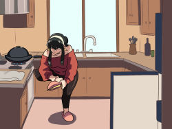 Rule 34 | 1girl, assassin, bare shoulders, black hair, cooking, dog, dress, full body, green eyes, hairband, highres, indoors, kitchen, meme, multiple girls, pants, shirt, sink, slippers, solo, spy x family, standing, standing on one leg, stove, tina fate, weapon, window, wok, yoga pants, yor briar