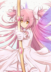 Rule 34 | 10s, 1girl, blue door, bow, bow (weapon), dress, female focus, gloves, gradient background, hair bow, kaname madoka, long hair, mahou shoujo madoka magica, mahou shoujo madoka magica (anime), pink hair, short twintails, solo, spoilers, twintails, two side up, ultimate madoka, weapon, white background, yellow eyes